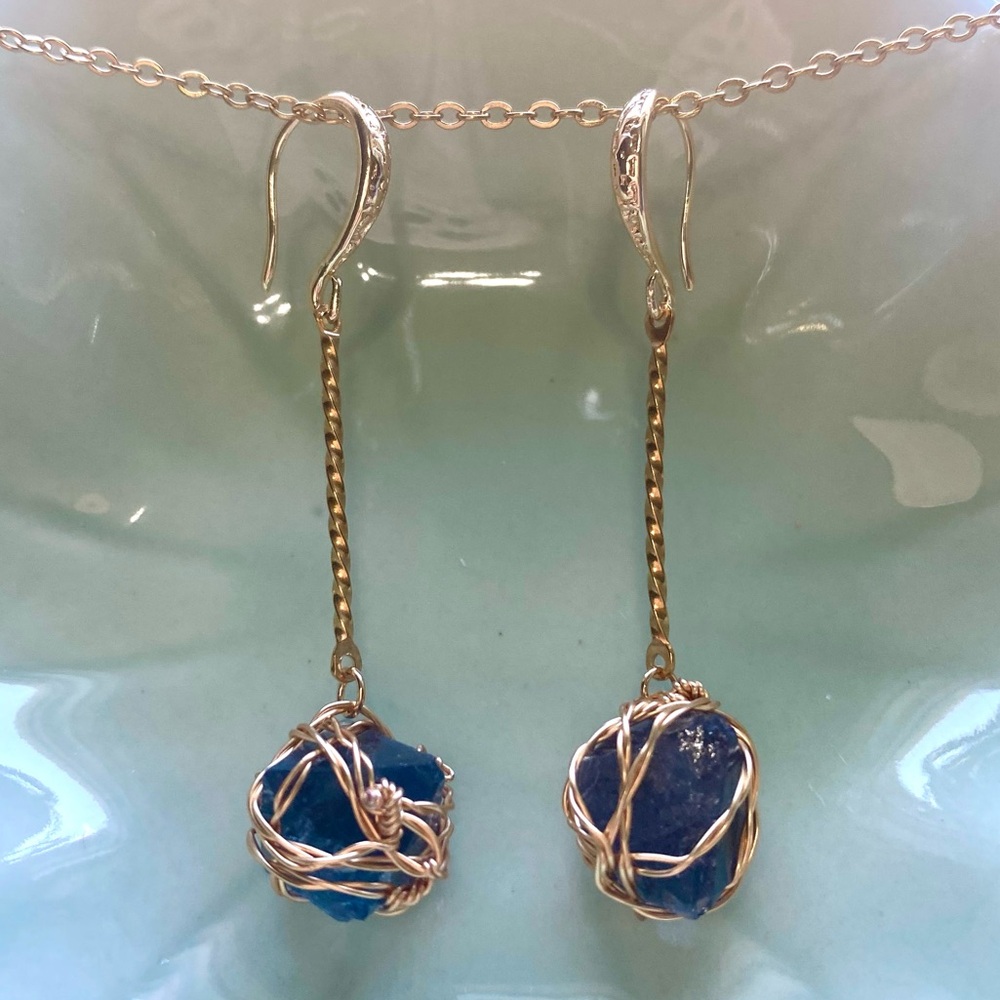 Gold and Blue Fluorite Octahedron Dangle Earrings E15